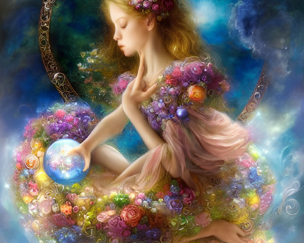 Ethereal woman with glowing orb in celestial setting and vibrant flowers