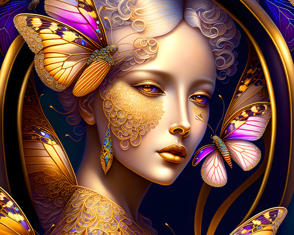 Stylized portrait of woman with golden filigree and butterflies on dark blue background