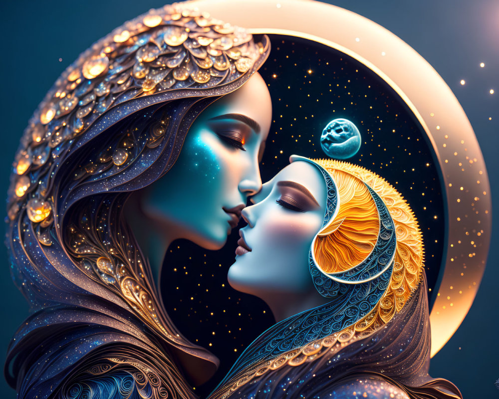 Stylized celestial female figures kiss under crescent moon