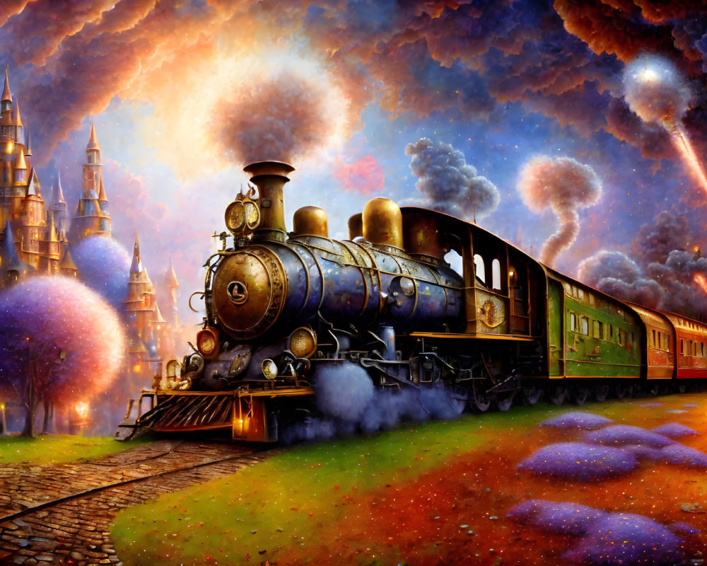 Vibrant steam train emerges from glowing portal in magical setting