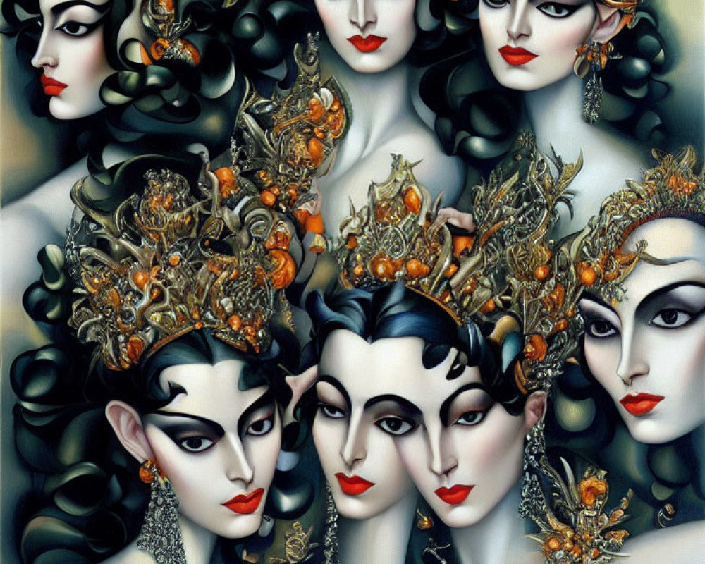 Surrealist painting of stylized female faces with golden headdresses on dark background