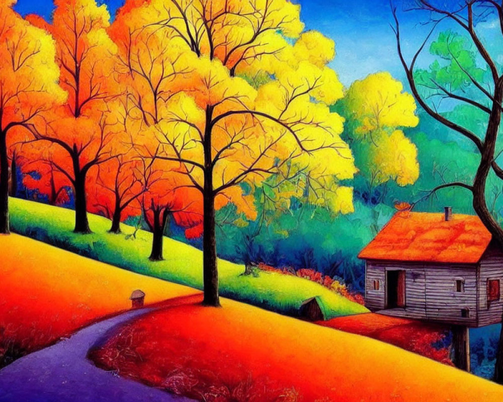 Autumn Cabin Painting with Vibrant Colors