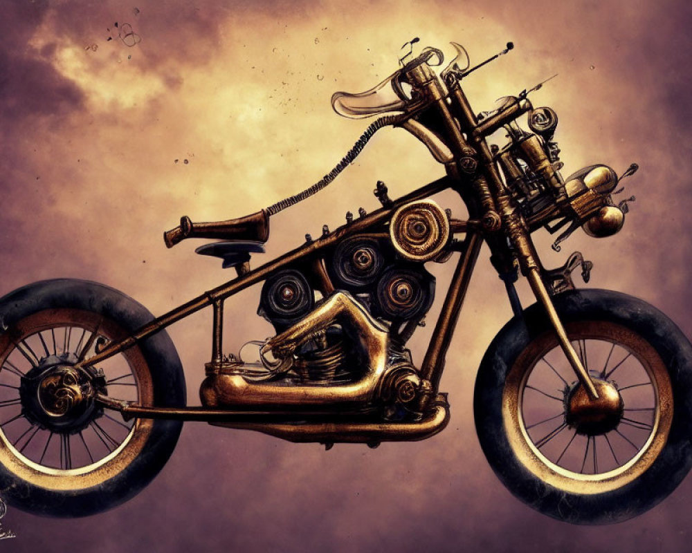 Sepia-Toned Steampunk Motorcycle with Intricate Gears and Mechanical Details