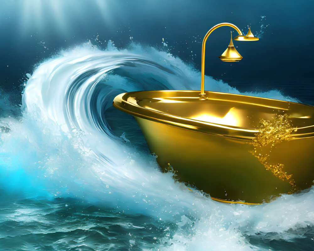 Golden Bathtub Floating on Ocean Wave with Golden Showerhead in Dynamic Blue Water