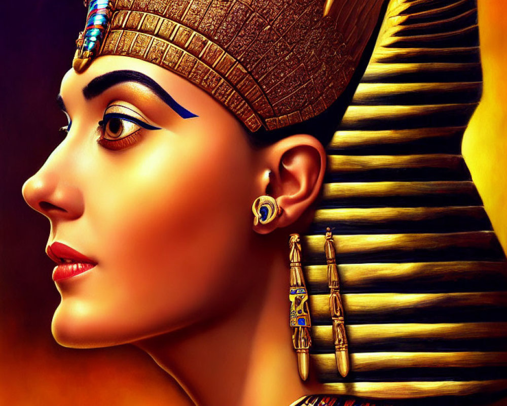 Egyptian Queen Digital Artwork: Profile View with Traditional Headdress & Gold Color Scheme