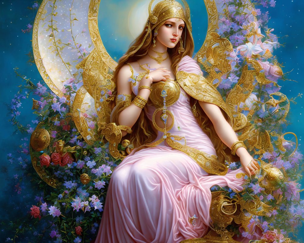 Regal woman in pink gown with golden ornaments in celestial setting