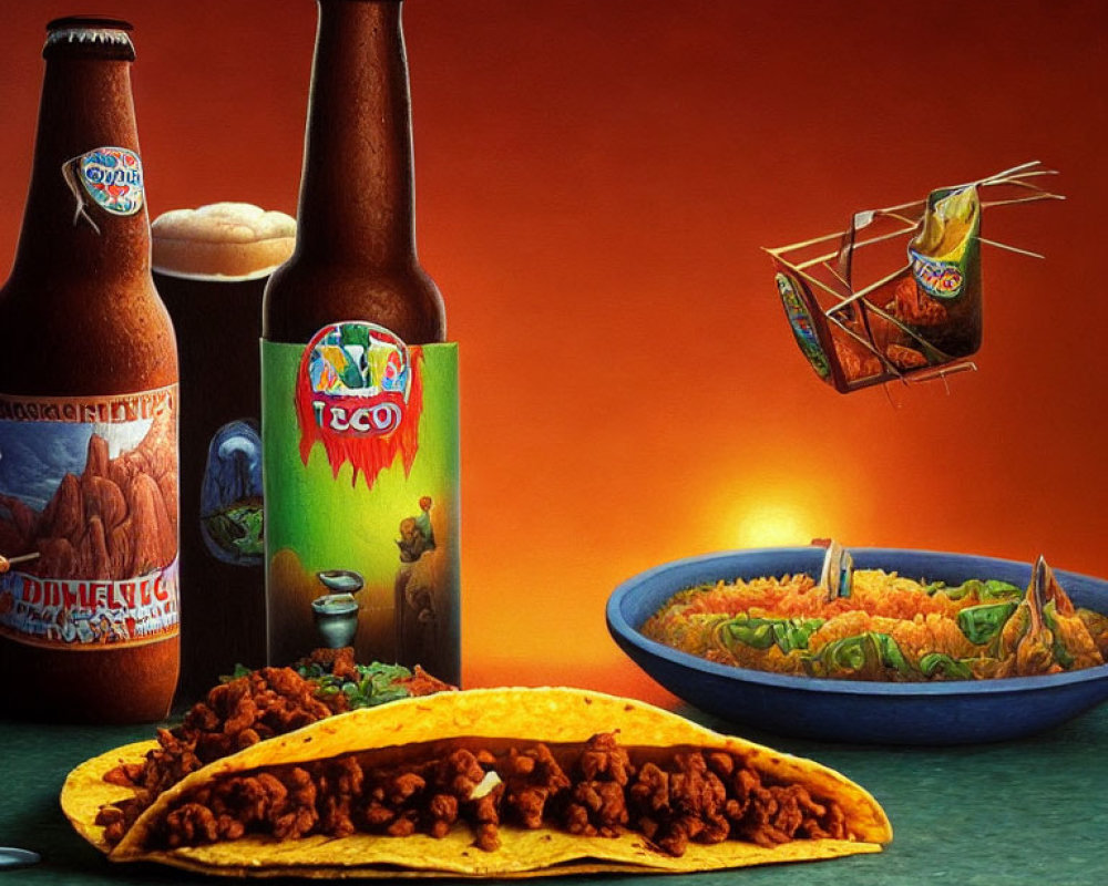 Colorful Taco, Beer, Salsa, and Nachos Scene on Orange Background