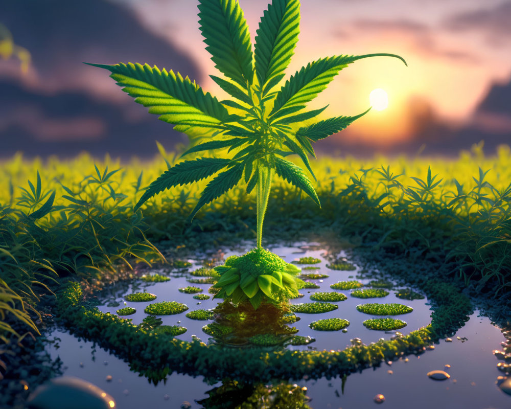 Serene cannabis plant with water droplets against sunset backdrop