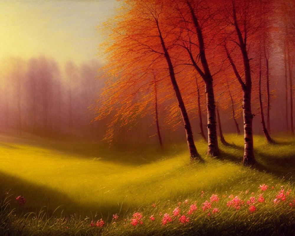 Tranquil forest landscape with sunlight, green grass, pink wildflowers, and orange leaves