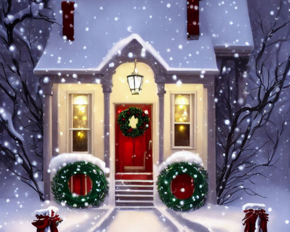 Snowy evening scene of a cozy house with Christmas decorations