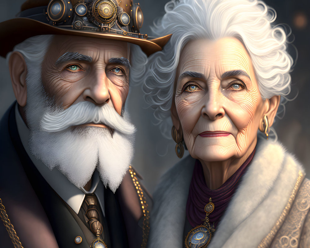 Elderly Couple in Steampunk Attire with Geared Top Hat and Elegant Jewelry