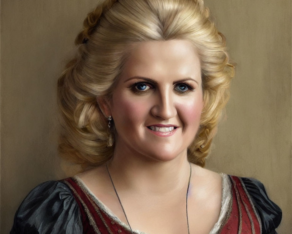 Portrait of a Smiling Woman with Blonde Updo and Traditional Dress