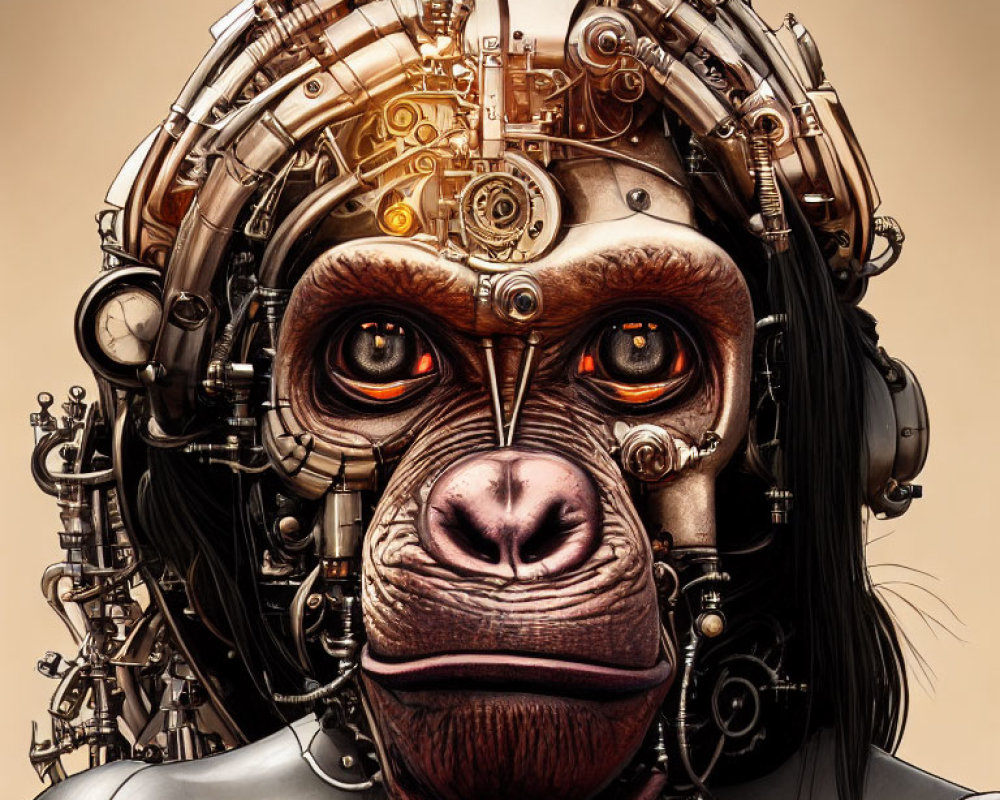 Cyborg Ape Digital Artwork with Mechanical Parts on Tan Background