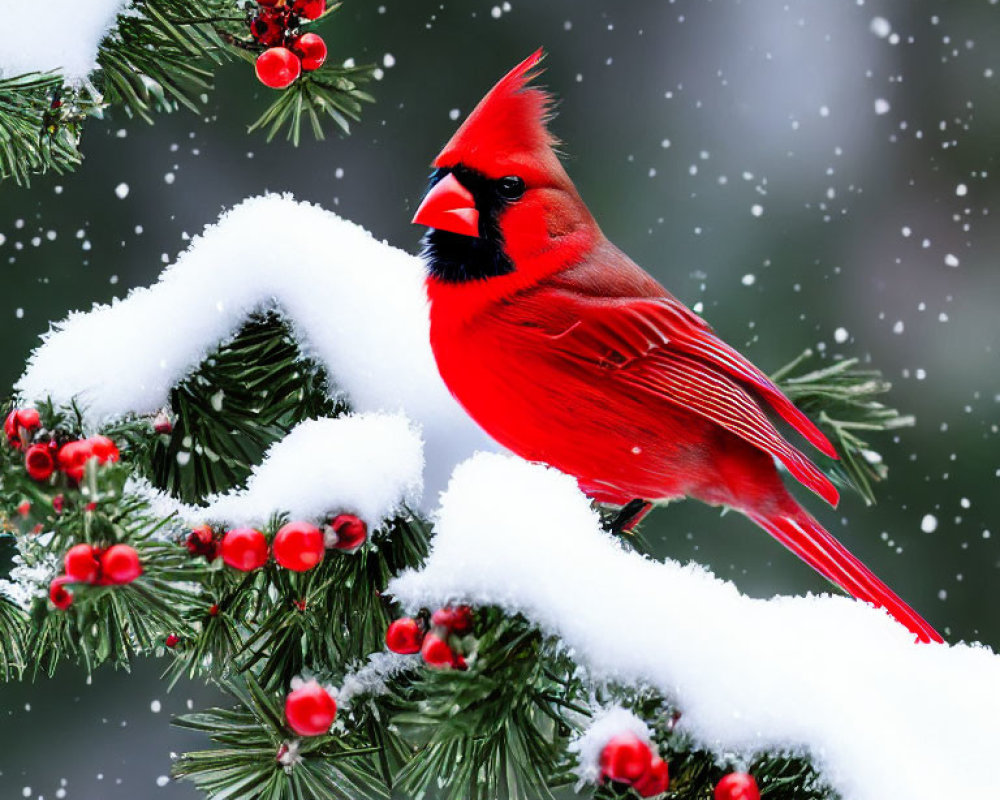 Red cardinal on snowy pine branch with red berries and falling snowflakes