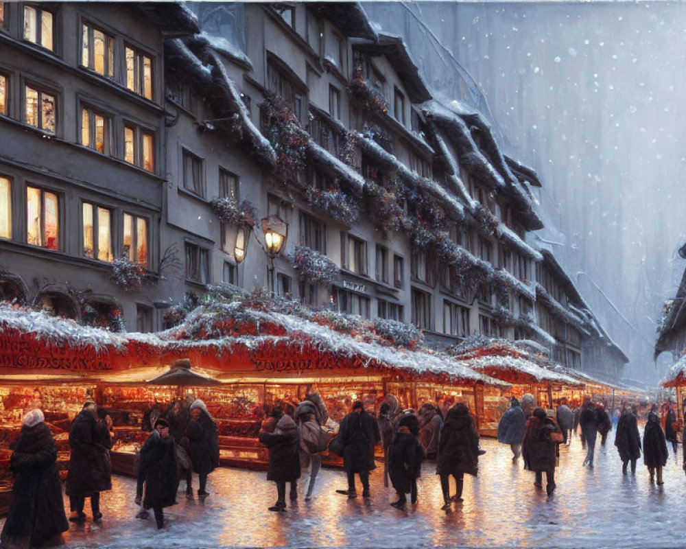 European Winter Street Market: Snowy Scene with Festive Decorations