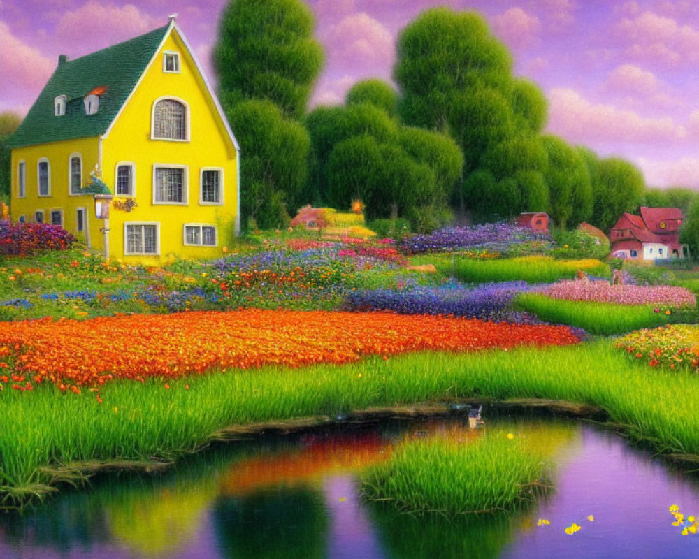 Colorful painting of yellow house in flower fields with pond