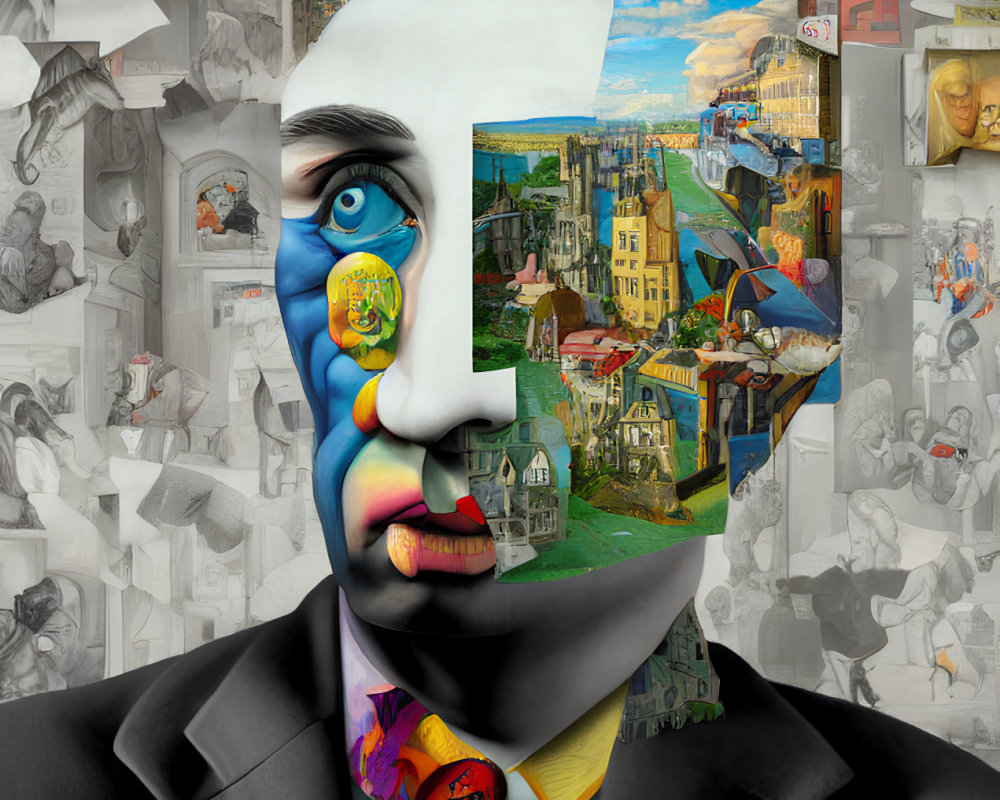 Collage of man's face with architectural, painting, and comic art elements on grayscale background