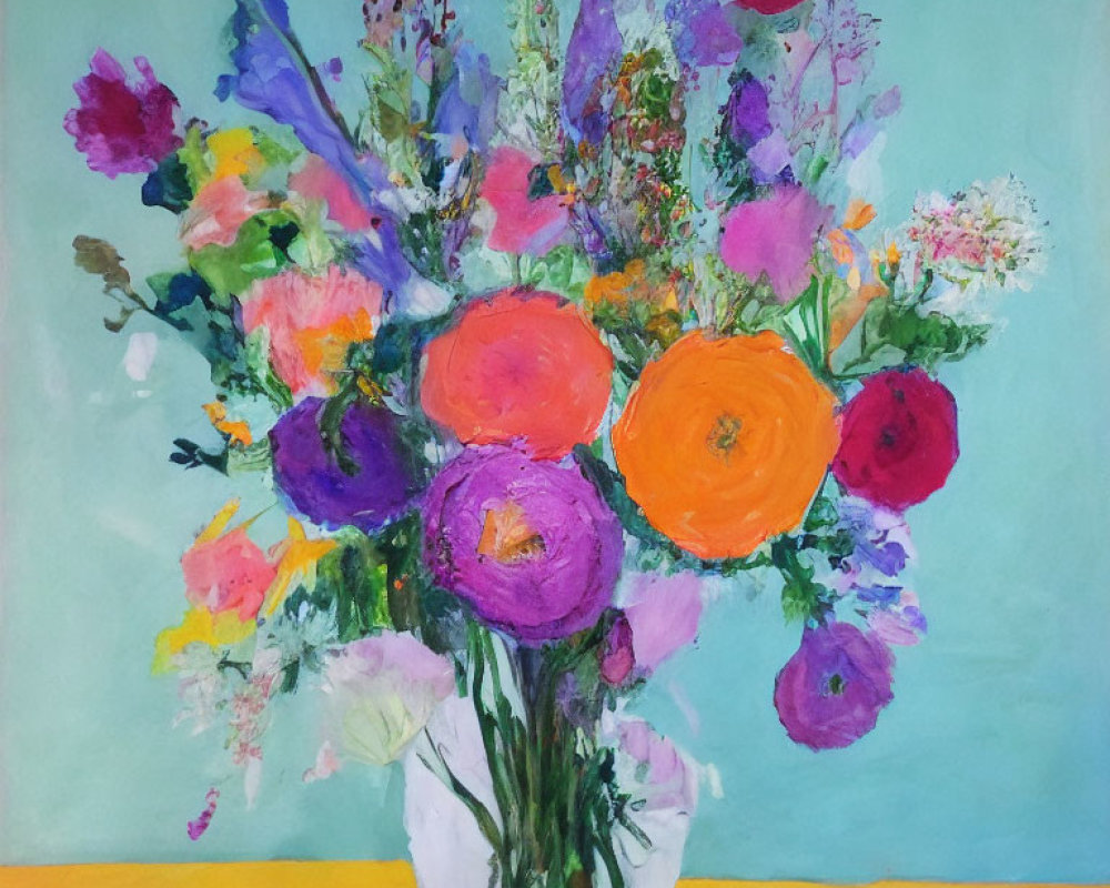 Colorful Flower Bouquet Painting on Yellow and Blue Background