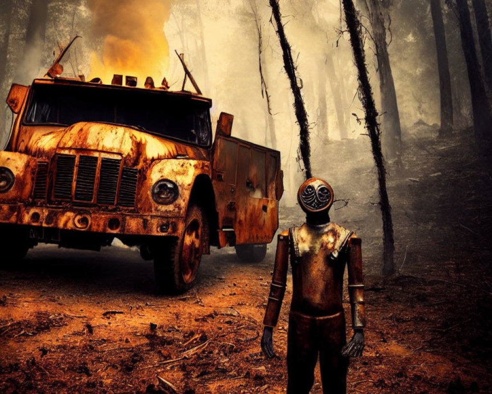 Bronze diver's suit figure in forest with burning truck in sepia-toned haze