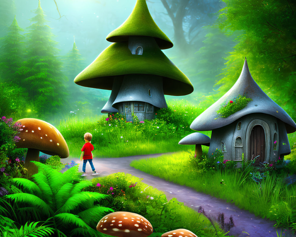 Child walking in enchanted forest with mushroom houses under sunlit canopy