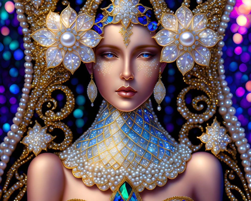 Ethereal woman with pearl and gold jewelry on multicolored backdrop