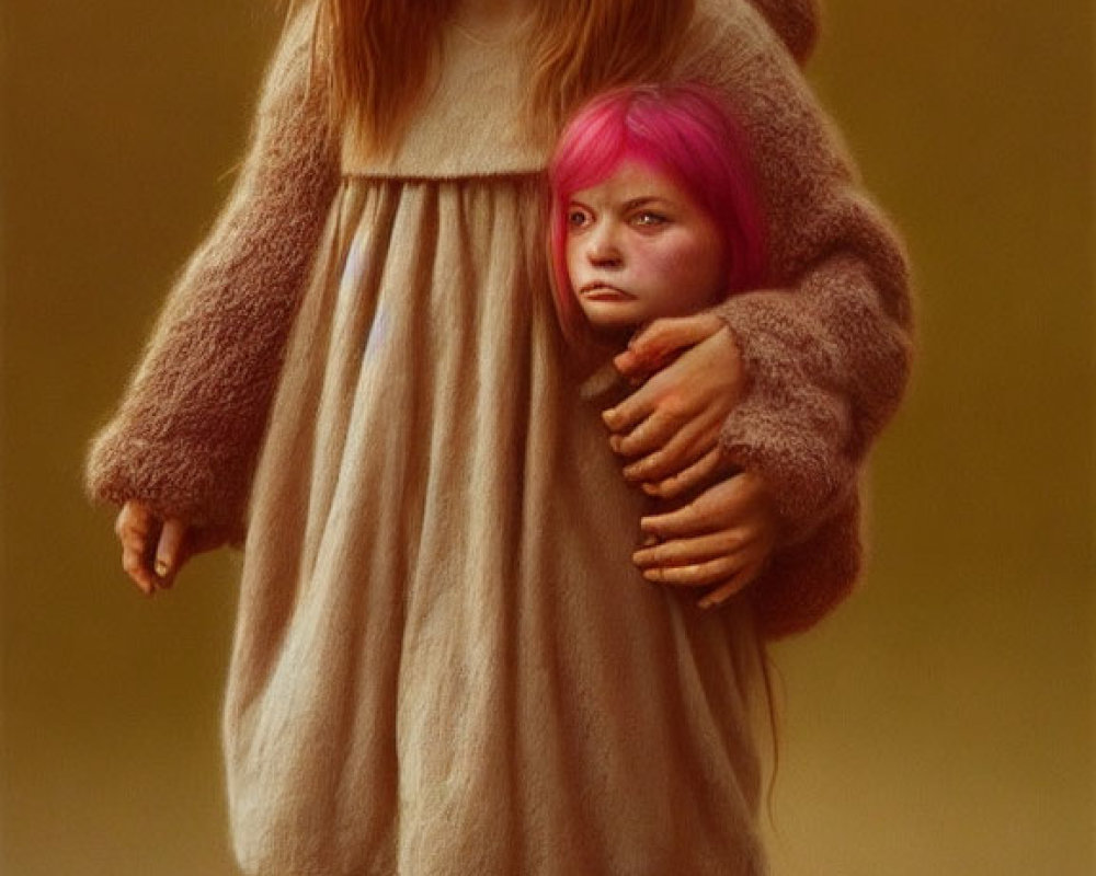 Portrait of a girl in beige dress and red hat with small pink-haired creature