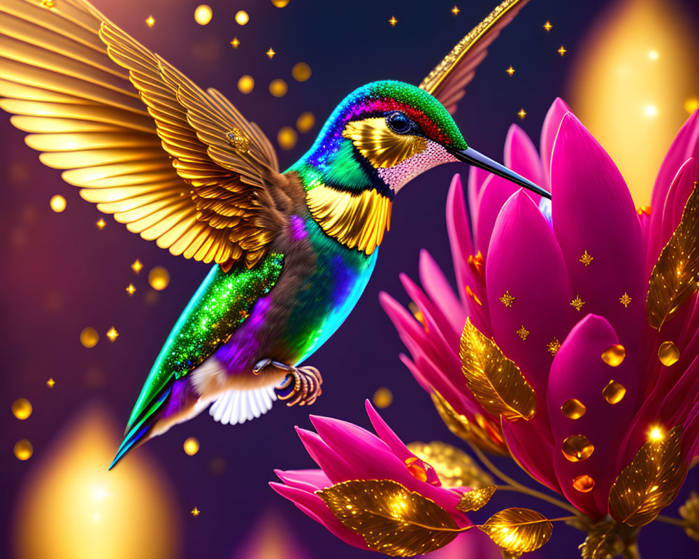 Colorful digital artwork: Sparkling hummingbird with golden wings near pink flower on starry background