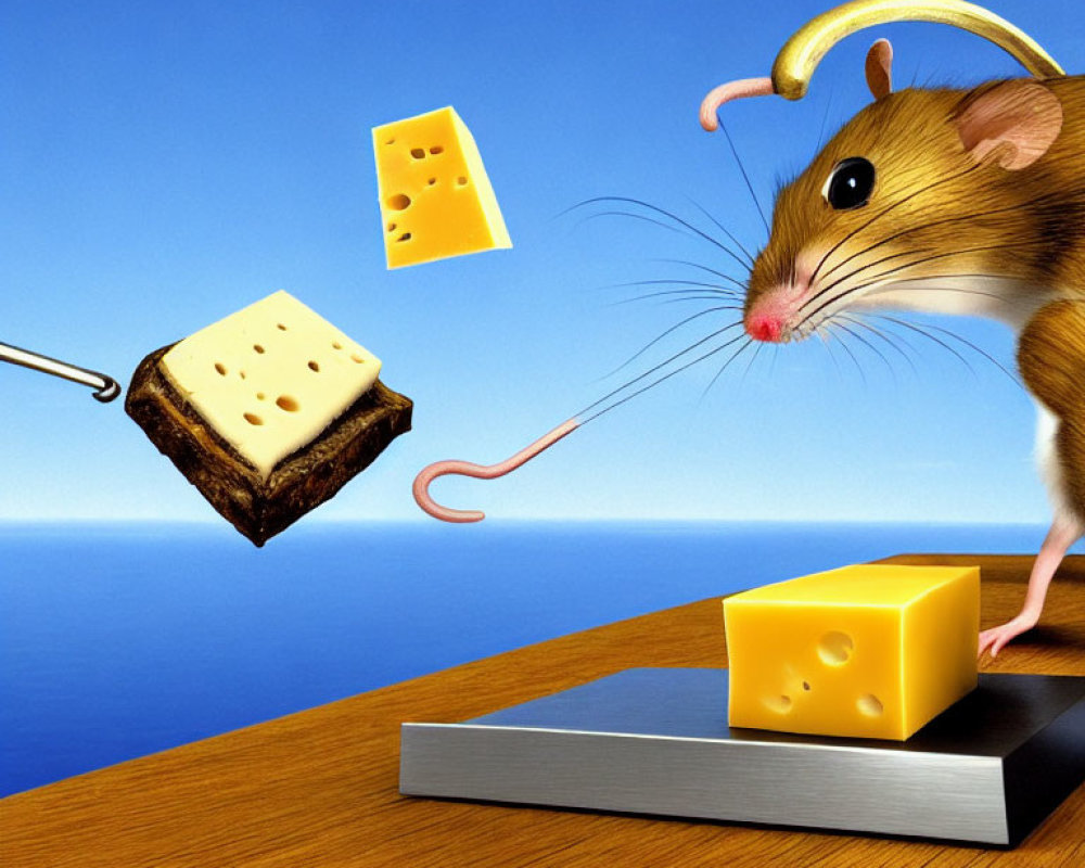 Cartoonish mouse with hook tail catches cheese blocks on ocean backdrop.