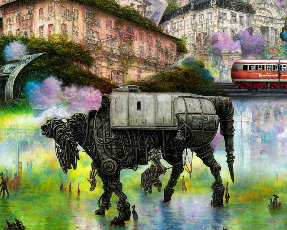 Surreal futuristic cityscape with mechanical quadruped and colorful buildings