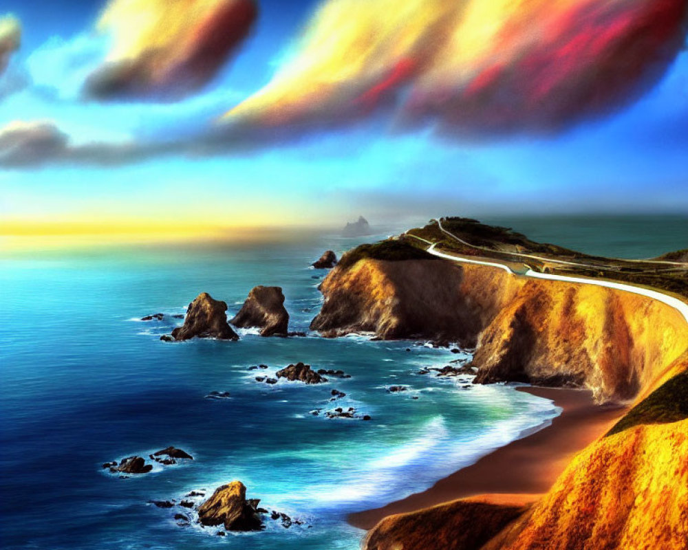 Vibrant sunset coastal scene with winding road and serene ocean