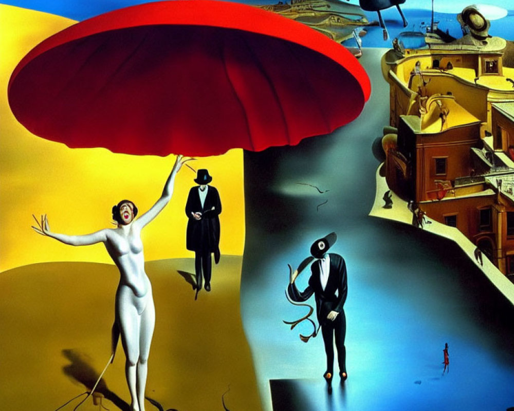 Surreal painting featuring naked woman, men in suits, and distorted cityscape.