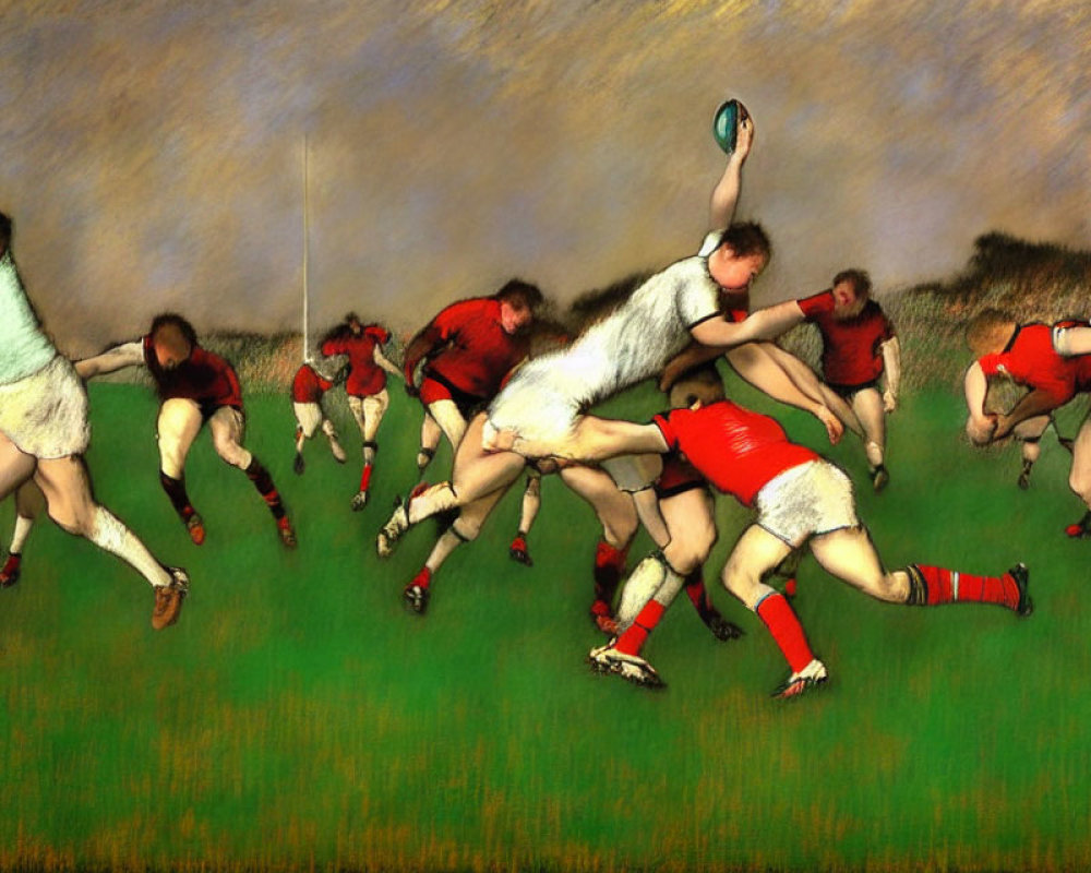 Dynamic rugby match artwork: white players tackling red players under textured sky