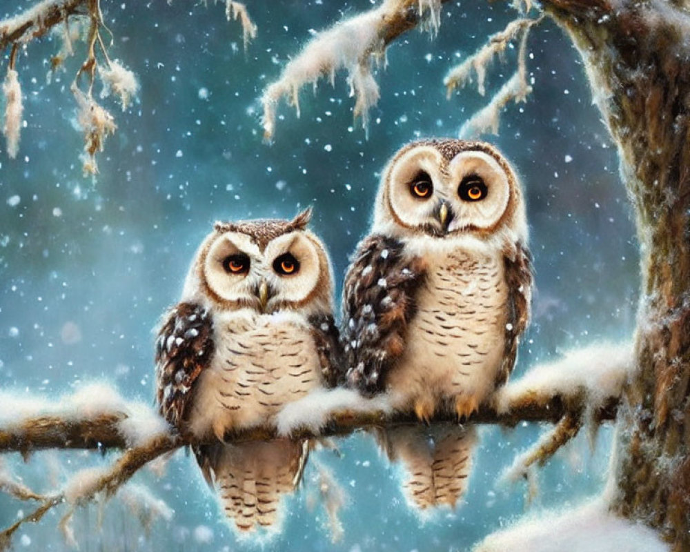 Snowy branch scene: Two owls in winter setting