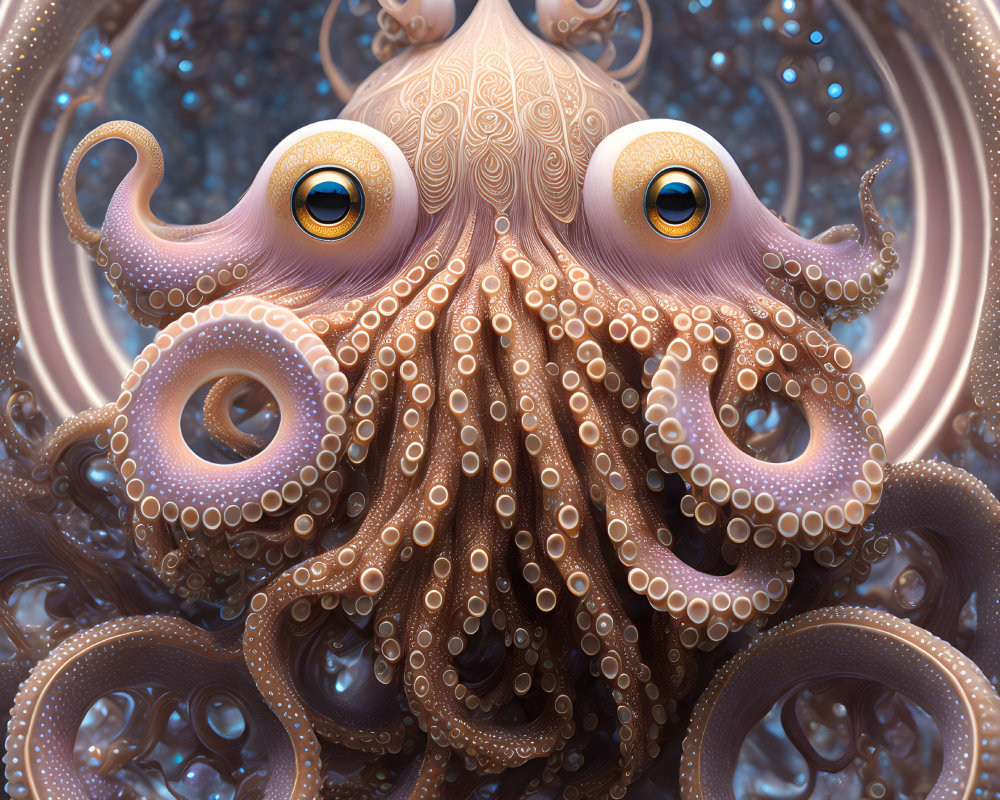 Detailed surreal octopus with intricate patterns and expressive eyes in a bubble-filled sea