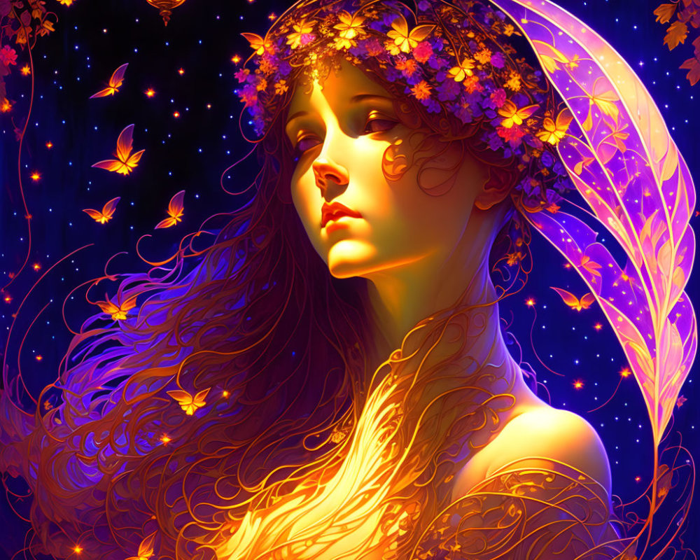 Illustration of woman with glowing flowers and butterflies under starry sky