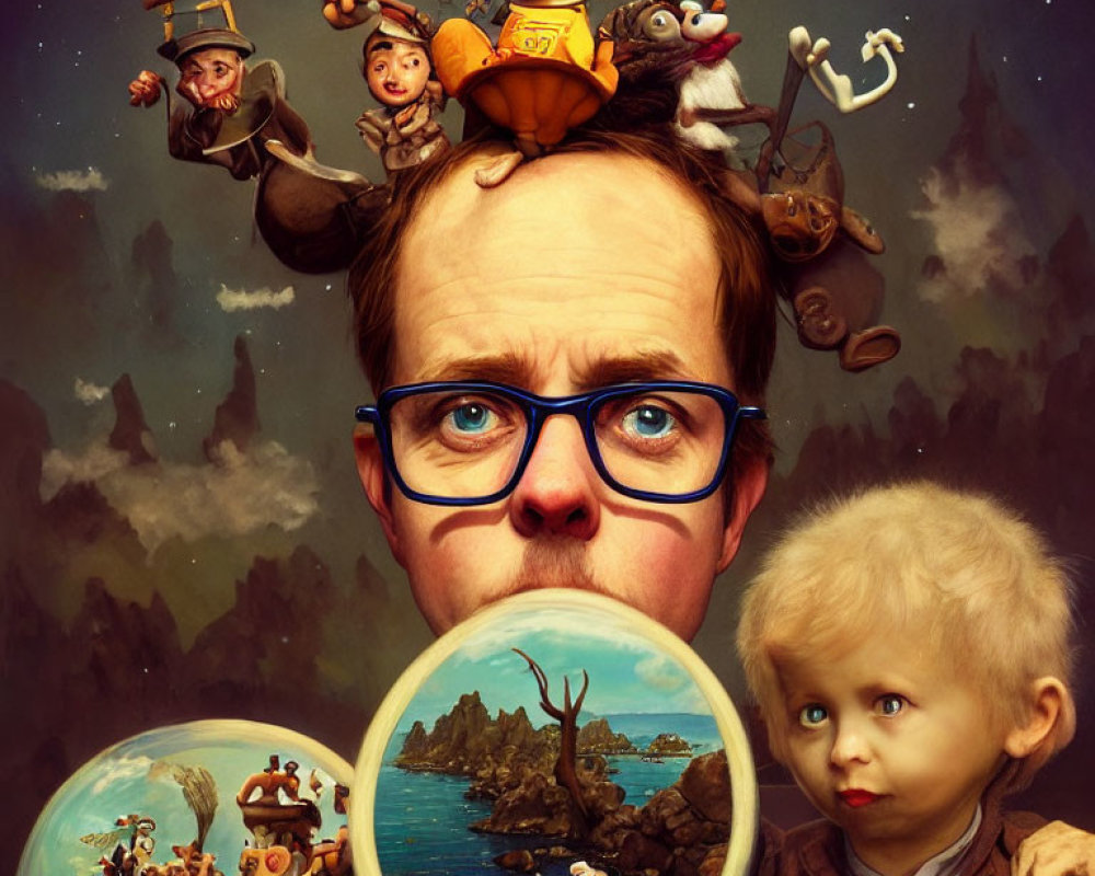 Man with glasses reveals child among whimsical characters