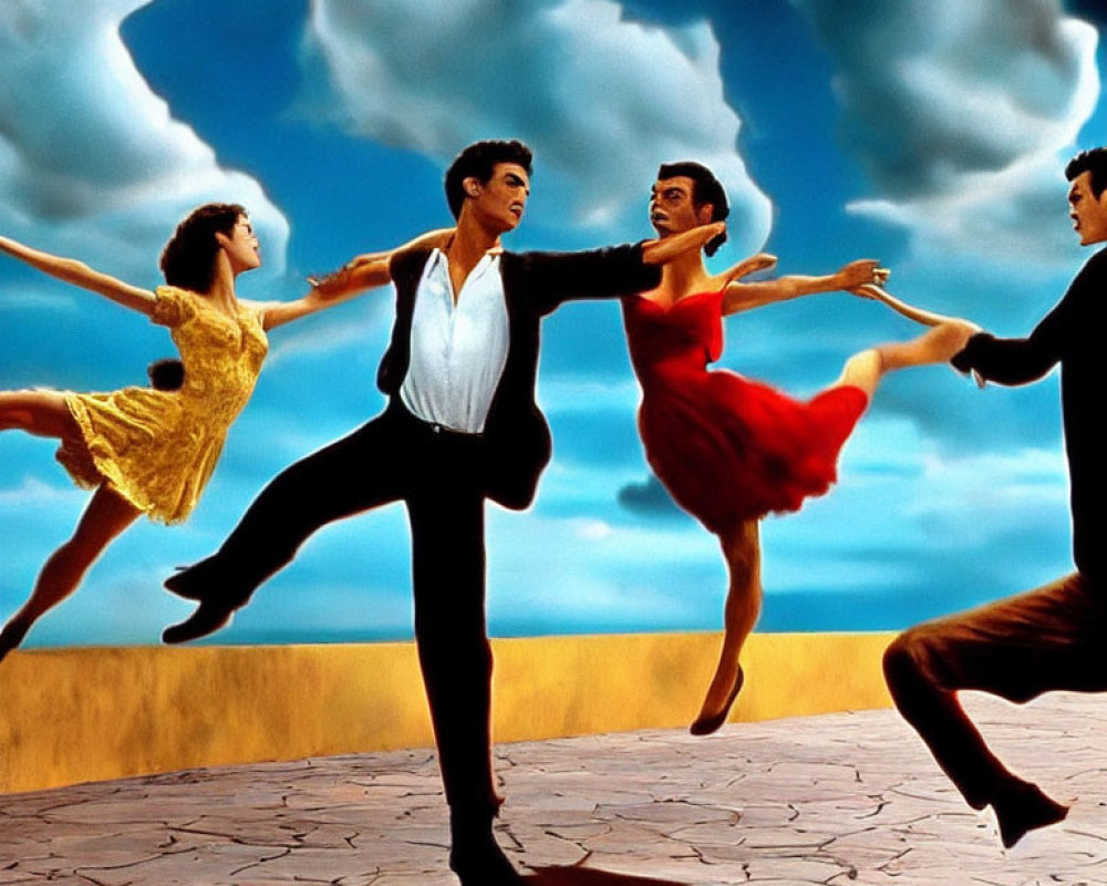 Energetic couples dancing on yellow-brick road under blue sky