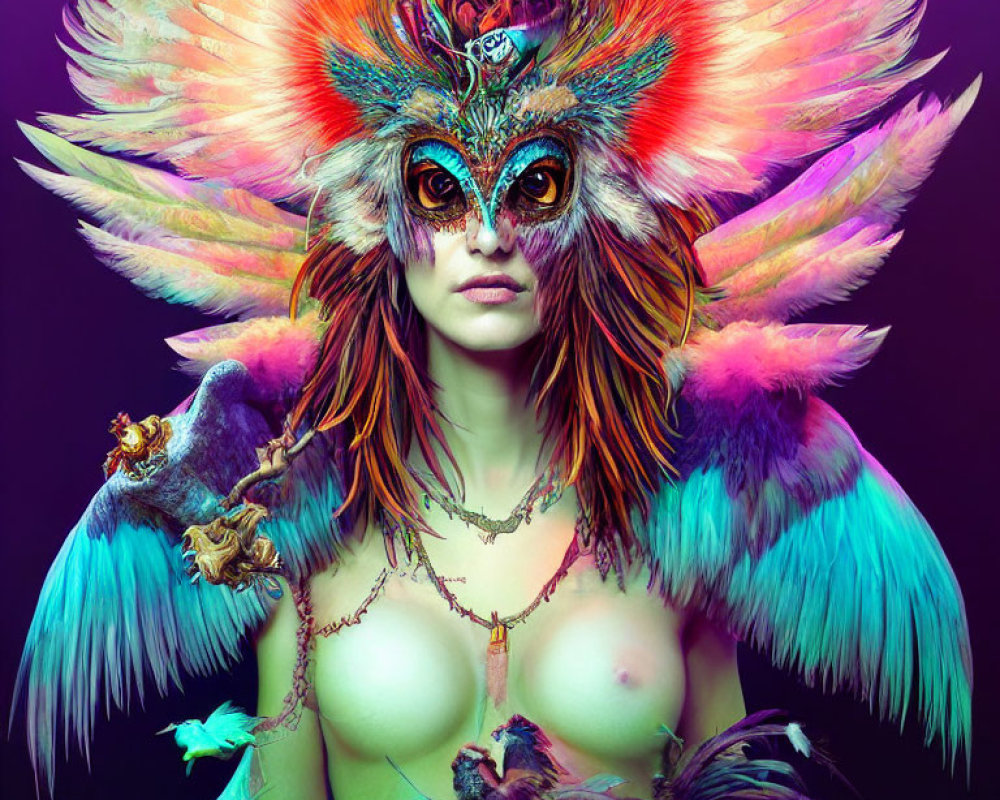 Colorful Owl-Themed Feather Headdress and Ornate Mask Portrait