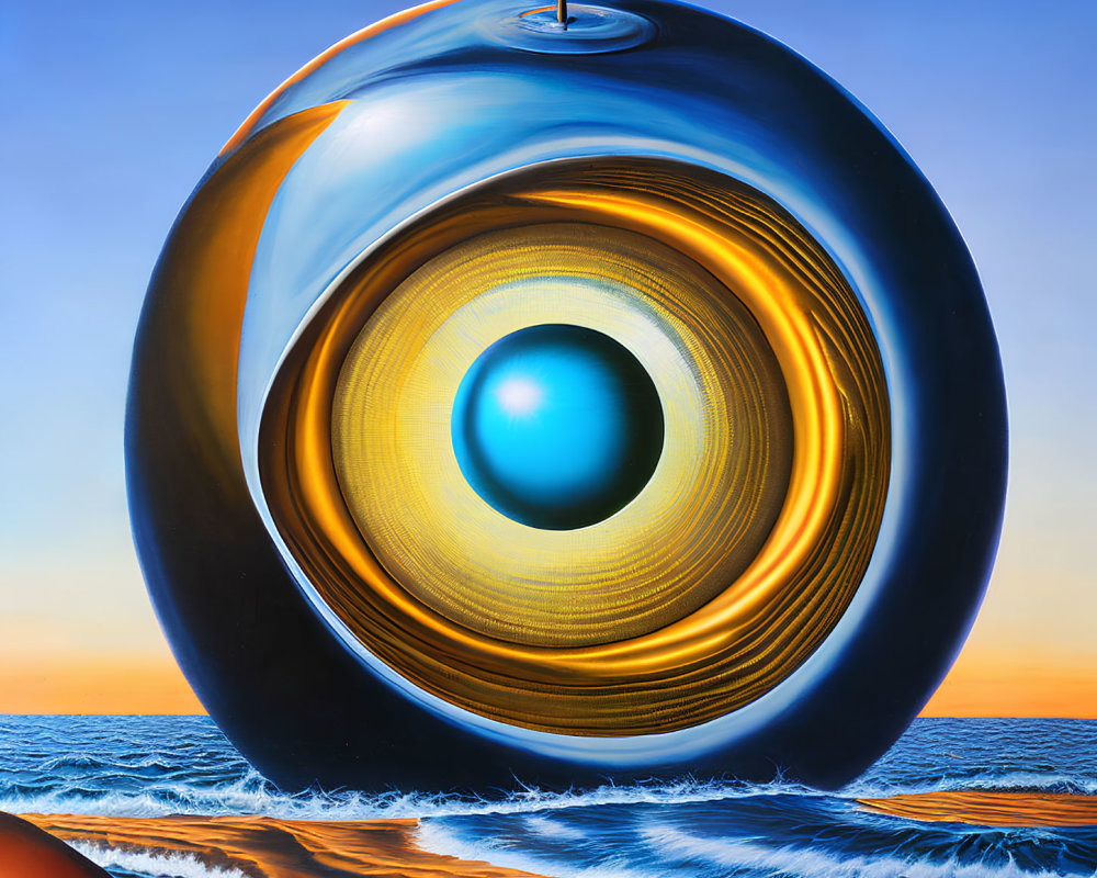 Surreal painting of glossy spherical object with rings above ocean horizon at sunset