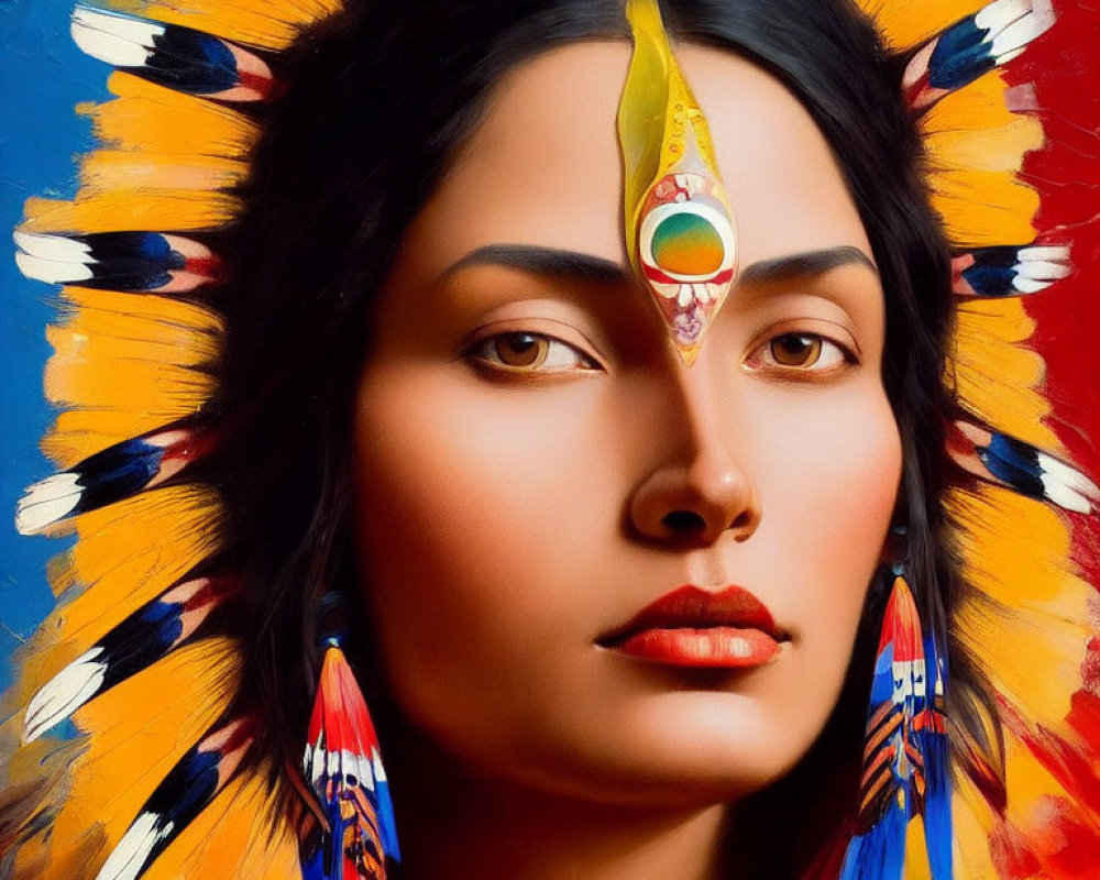 Colorful Feather Headdress and Painted Forehead Portrait