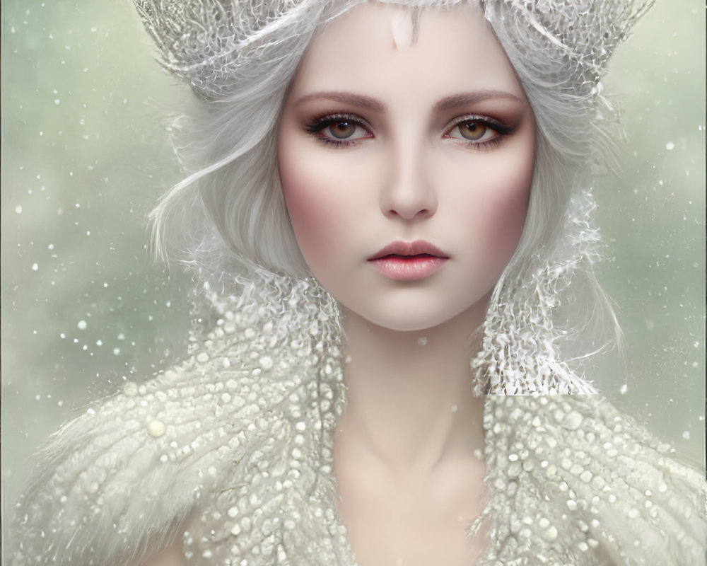 Silver-haired woman in crown and white dress against snowy background