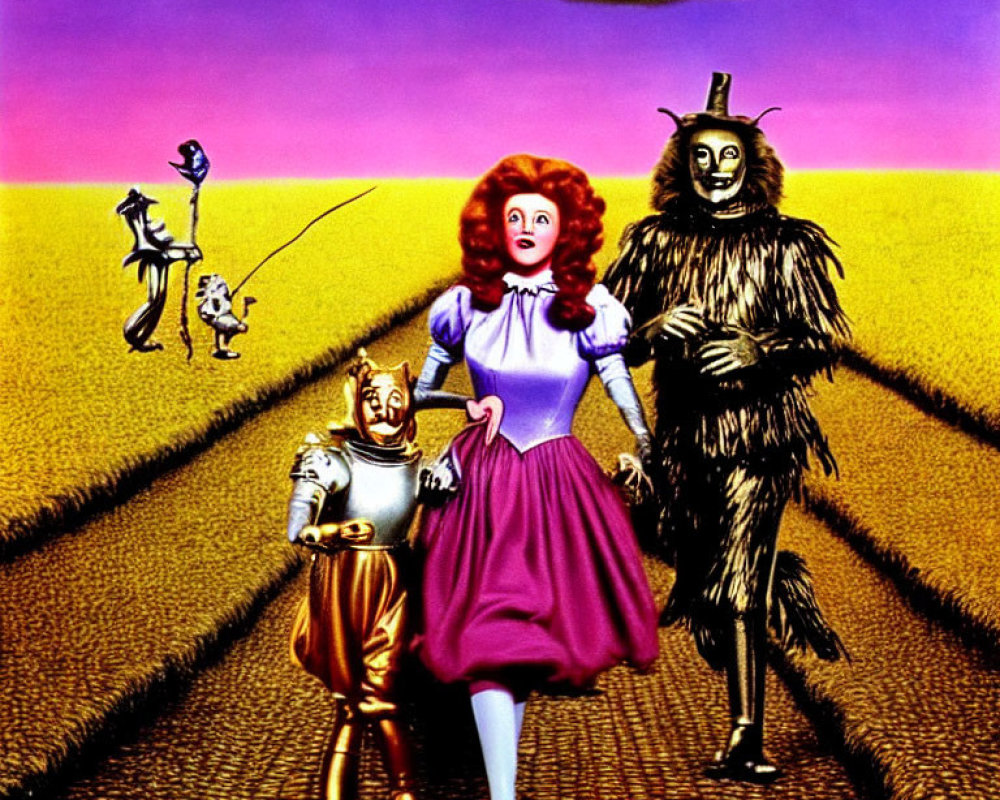 Colorful landscape with four animated characters on yellow brick road