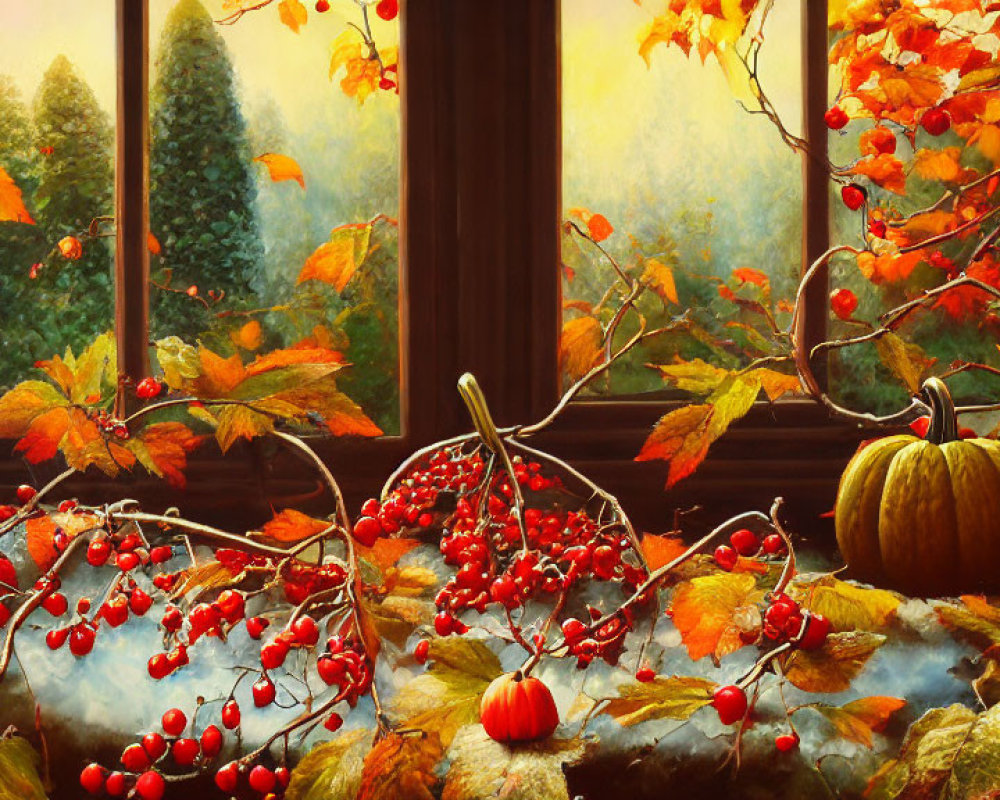 Vibrant autumn leaves and berries on windowsill with fall landscape view