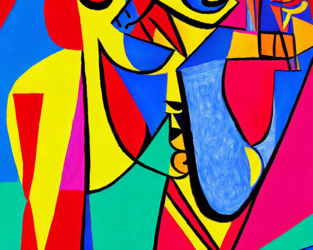 Colorful Abstract Painting with Geometric Shapes & Blue Saxophonist