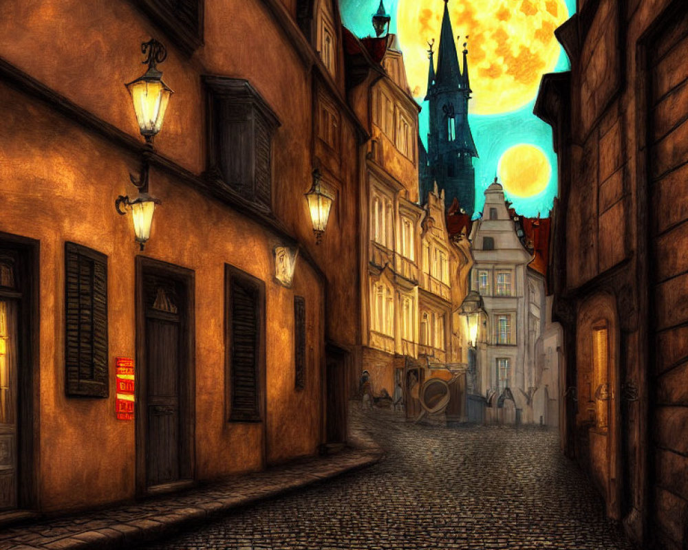 Vintage town at twilight: cobbled street, street lamps, yellow moon, Gothic spires.