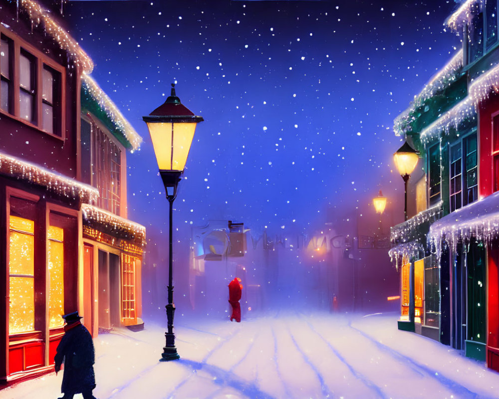 Snowy night street scene with illuminated buildings, holiday lights, and glowing lamp post.