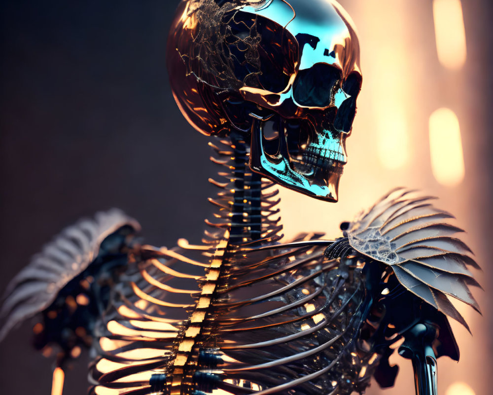 Shiny metallic skull on intricate skeletal frame in futuristic setting