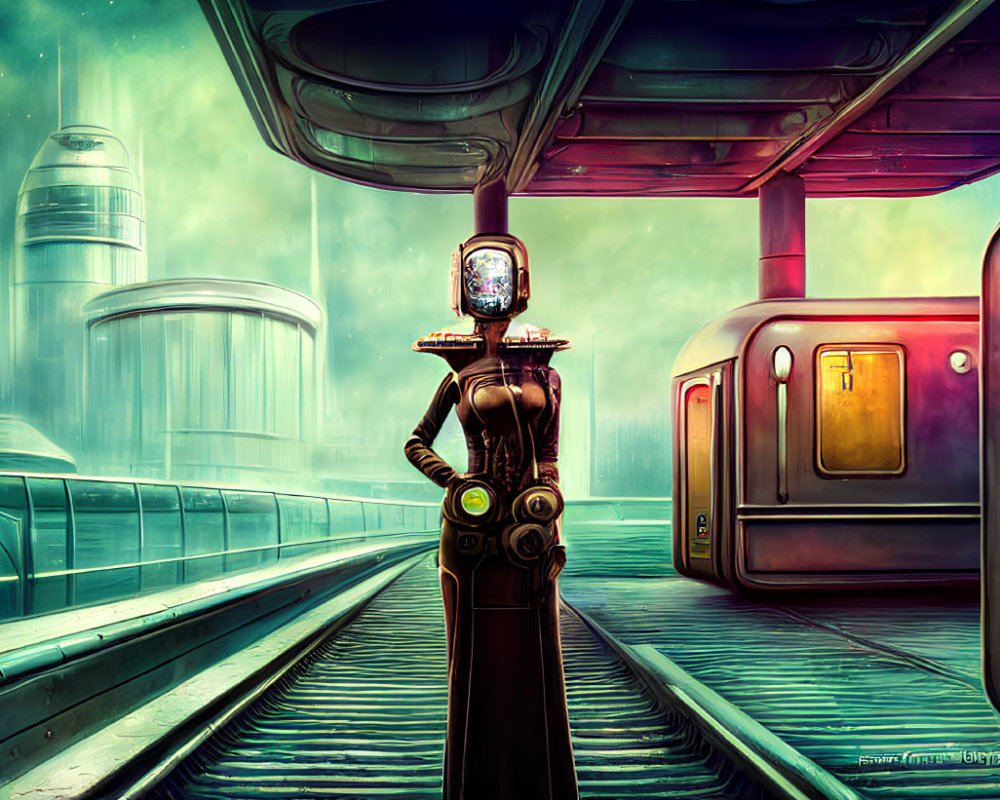 Vintage TV-headed figure on futuristic train platform with sleek train and neon cityscape.