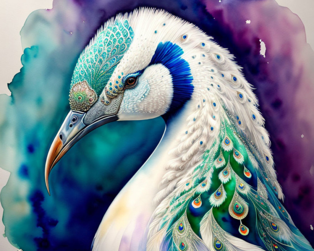 Detailed Peacock Illustration on Colorful Watercolor Background