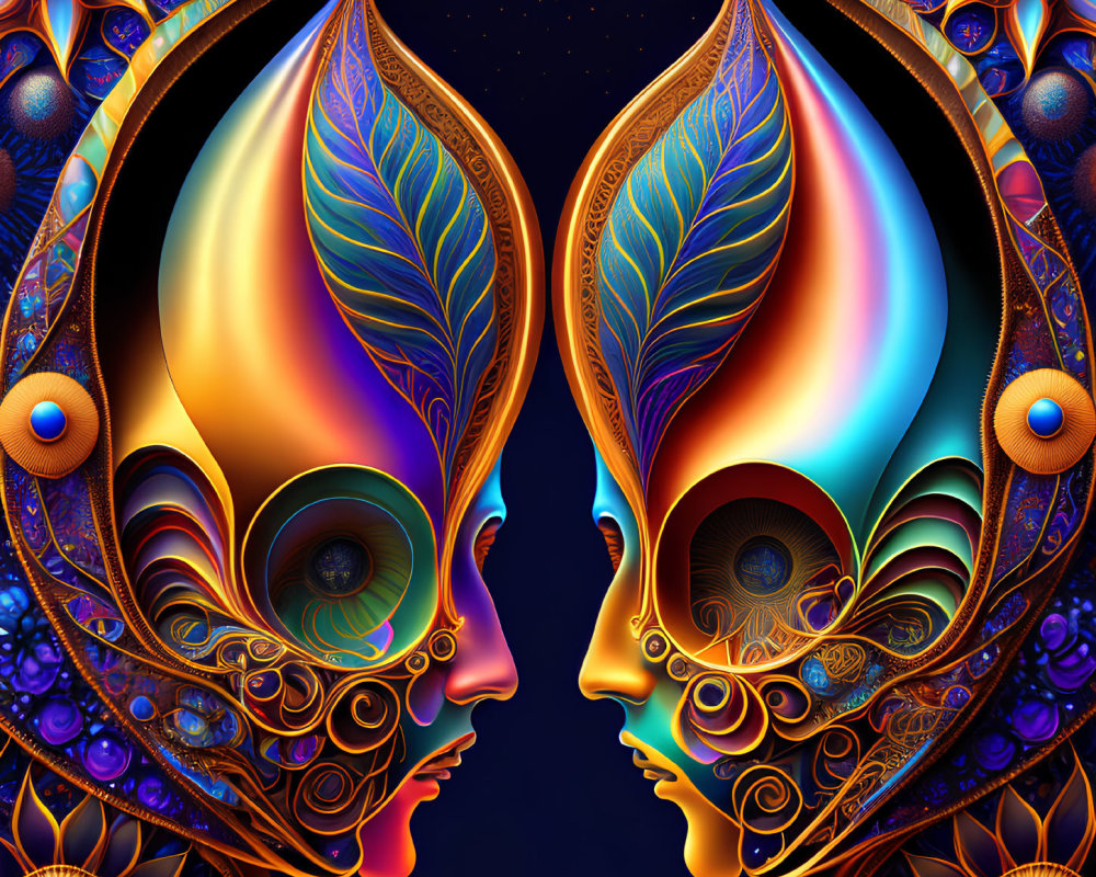 Symmetrical digital artwork of stylized face profiles with intricate patterns on starry background